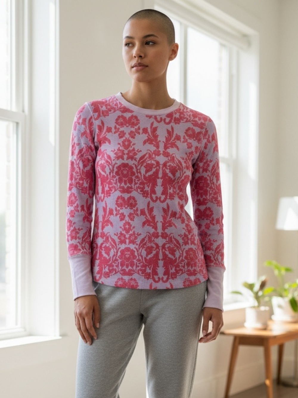 NEW SUNDANCE Clara Floral Waffle Knit Print Thermal Pink & Purple S‎